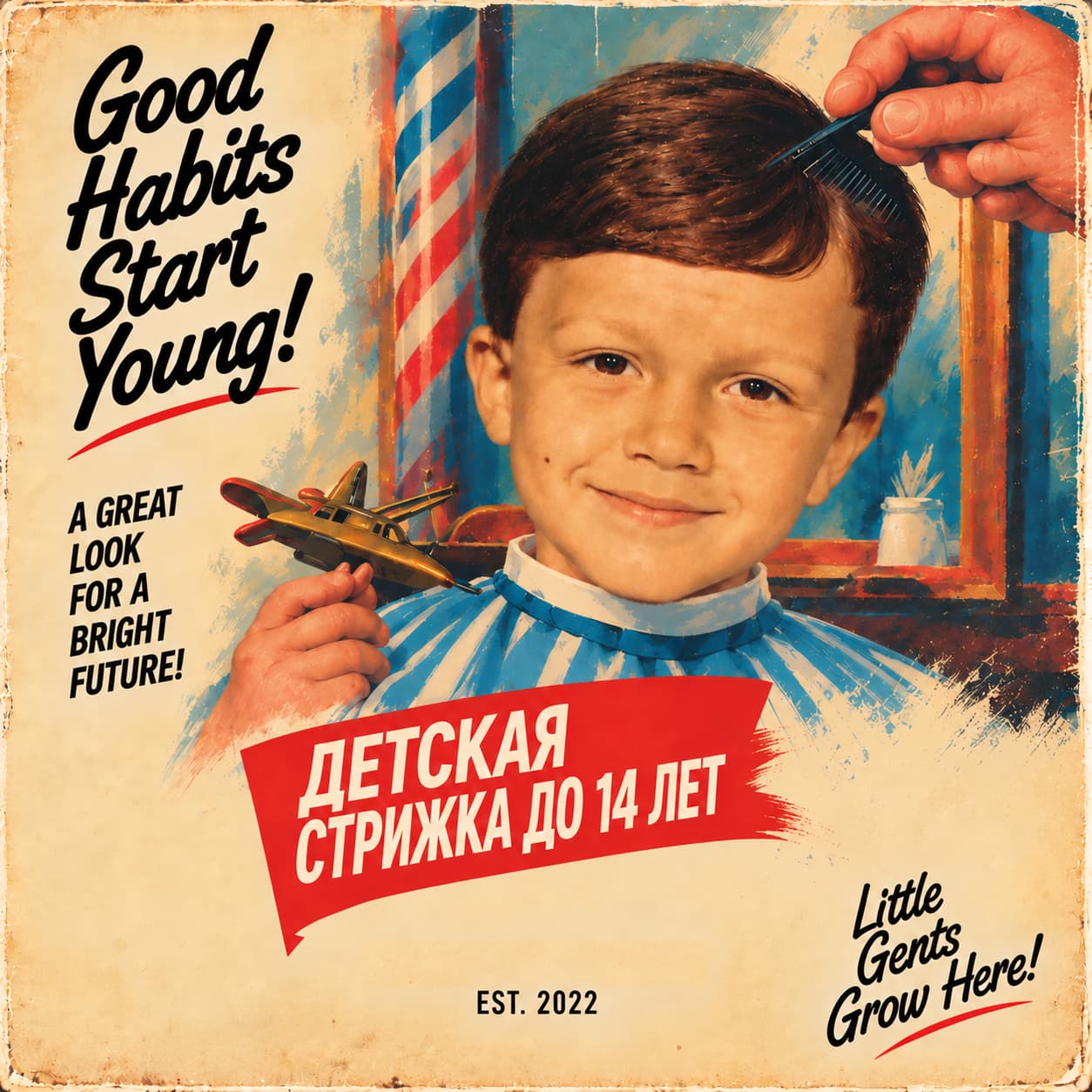 Ретроафиша детской стрижки до 14 лет