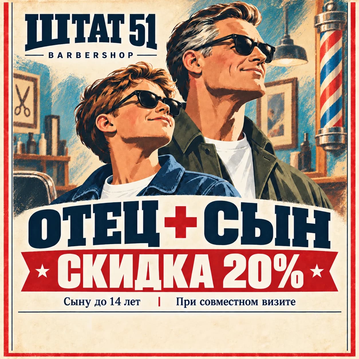 Отец плюс сын: скидка 20 процентов при совместном визите, сыну до 14 лет